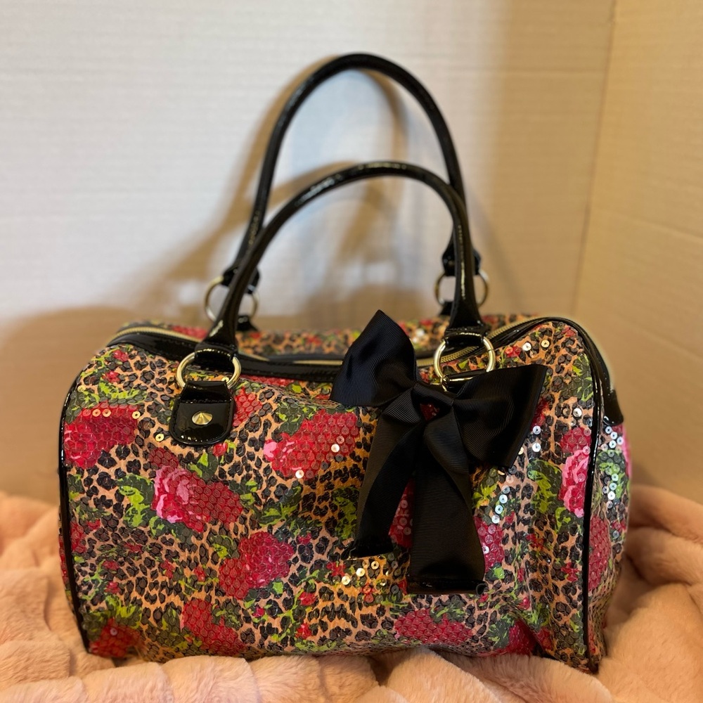 Betsey Johnson Black-Trim Sequin Floral Leopard Satchel